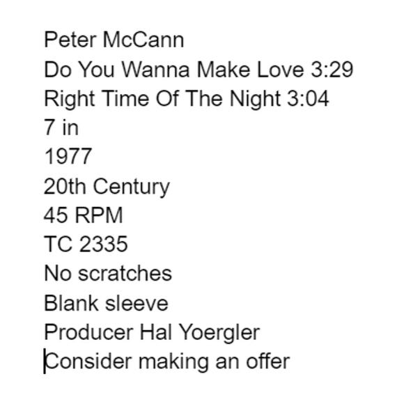 Peter McCann Do You Wanna Make Love Right Time Of The Night 7 inch Vinyl 1977 - Picture 2 of 7